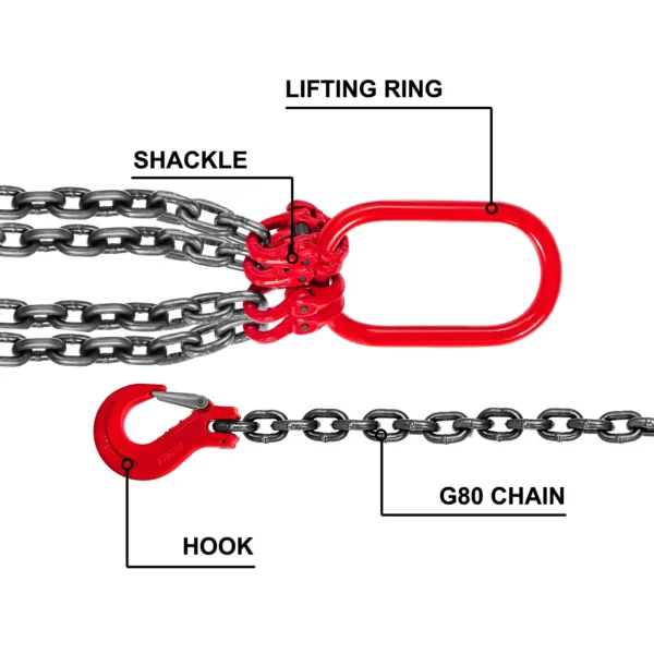 VEVOR 4T Chain Sling - 1M / 2M x 8MM Four Leg with Powder Coating Steel Hook - Grade 80 High Temperature Resistance for Lifting - Image 3