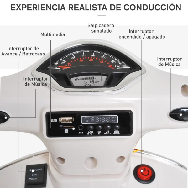 Homcom Children's Electric Motorcycle Car Tricycle Vespa Battery Powered Electric Scooter with Light Mp3 USB Children 3-6 Years - Image 4
