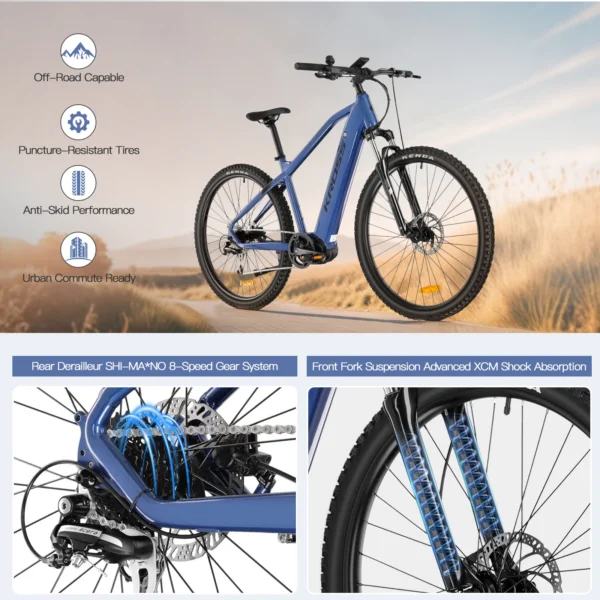 29 Inch Electric Bicycle for Adults,518Wh Hidden Battery 250 W Mid Motor MTB,Electric Mountain Bike 8 Speed Gear, Up to 120KM - Image 4