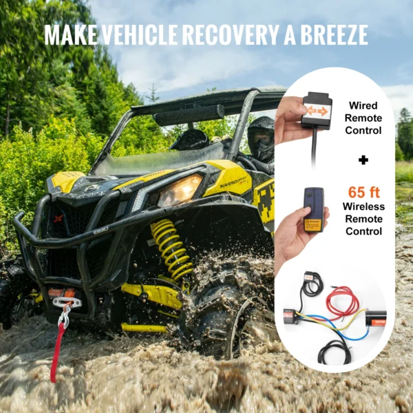 VEVOR 4500lbs ATV/UTV Electric Winch 12V DC with 39 ft Synthetic Rope Wireless & Wired Remote Control IP55 Waterproof for Jeeps - Image 5