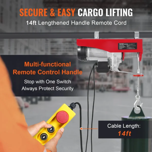 VEVOR 2640Lbs Electric Hoist Winch 230V with 14ft Wired Remote Control 40ft Single Cable Lifting Height Lift Hoist for Garage - Image 3
