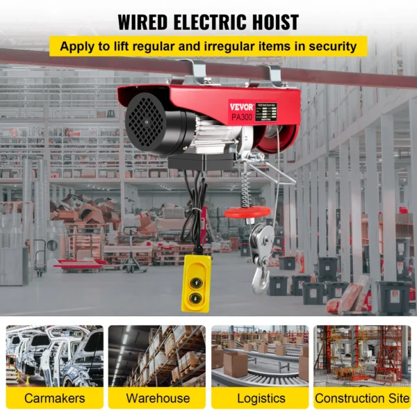 VEVOR 300Kg Electric Hoist Lifting Crane Cable Hoist Winch for Boat Car Garage Elevator with Wired Remote Control Lifter - Image 2