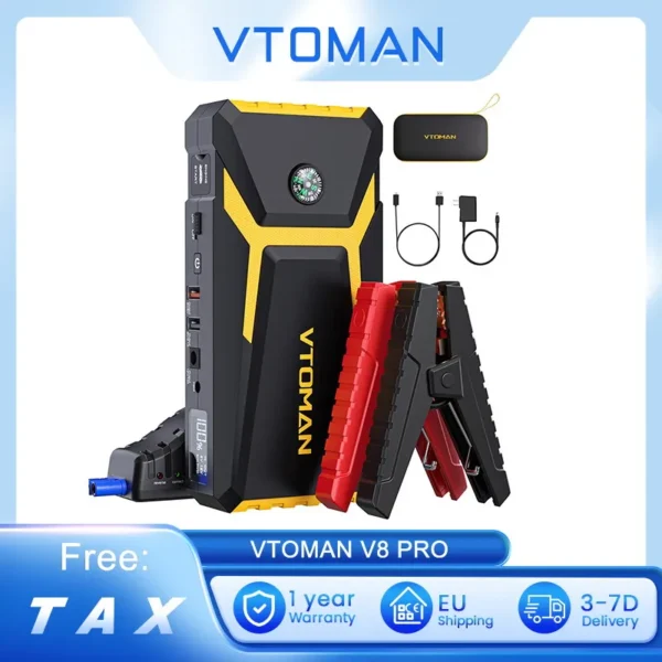 VTOMAN V8 PRO 3000A Car Jump Starter 24 Months Standby Time, LCD Screen, for Up 8.5L Gas and 6.5L Diesel Engines, 15W Input Port