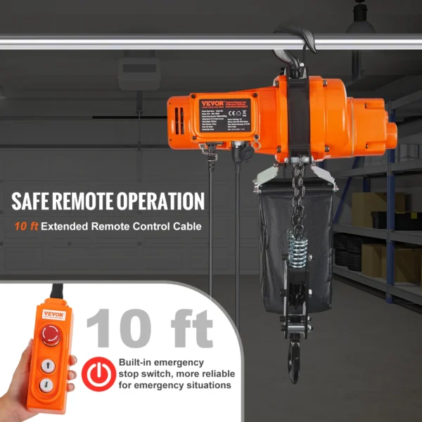 VEVOR 2200 lbs Electric Chain Hoist Single Phase Overhead Lifting Crane with Chain 10 ft Wired Remote Control for Garage - Image 4