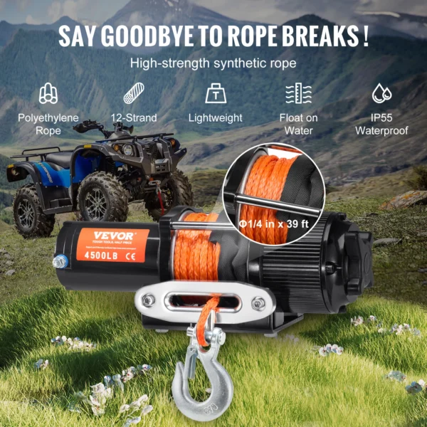 VEVOR 4500lbs ATV/UTV Electric Winch 12V DC with 39 ft Synthetic Rope Wireless & Wired Remote Control IP55 Waterproof for Jeeps - Image 4