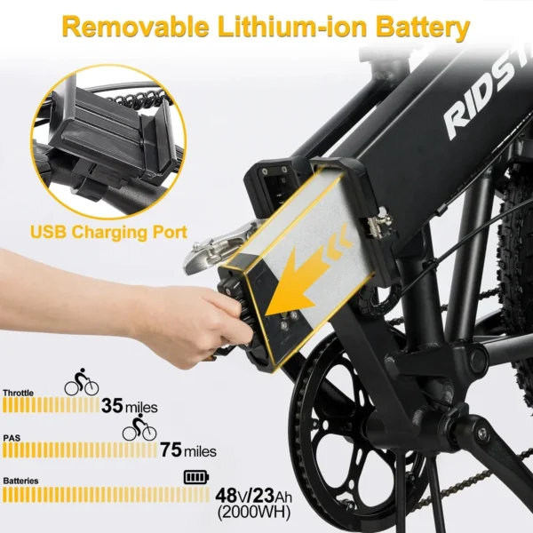 RIDSTAR H20 PRO 2000W 48V 23Ah 30-50km/h >60km 20" Mountain Ebike - Image 6