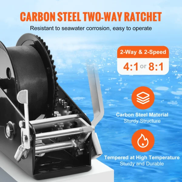 VEVOR Hand Winch Boat Trailer Winch Heavy Duty Rope Crank Polyester Strap and Two-Way Ratchet Manual Operated Hand Crank Winch - Image 3