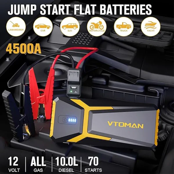 VTOMAN V10 PRO 4500A Car Jump Starter, with LED Lights, Type C Quick Charge, for 12V Vehicles, 24 Months Standby Time, Portable - Image 3
