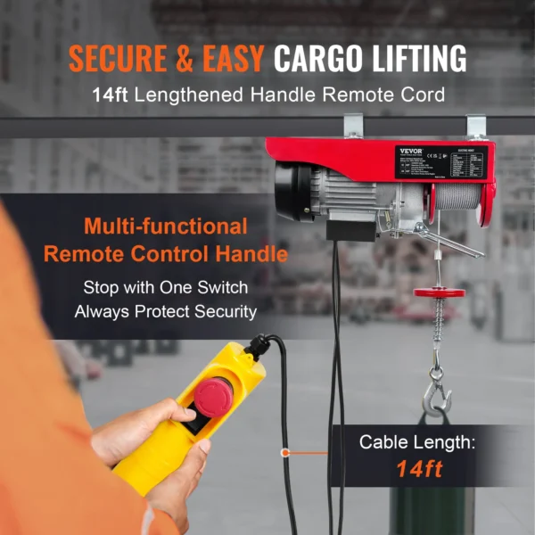 VEVOR 550lbs/250kg Electric Hoist Portable Lifter Steel Wire Winch with 14ft Wired Remote Control for Garage Warehouse Factory - Image 3