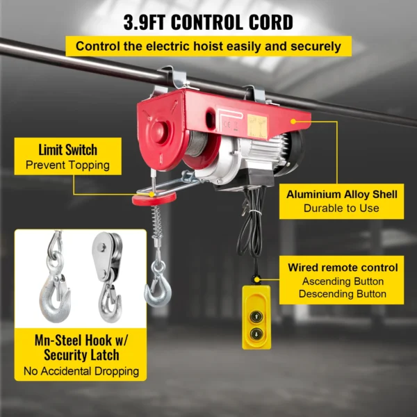 VEVOR 300Kg Electric Hoist Lifting Crane Cable Hoist Winch for Boat Car Garage Elevator with Wired Remote Control Lifter - Image 5