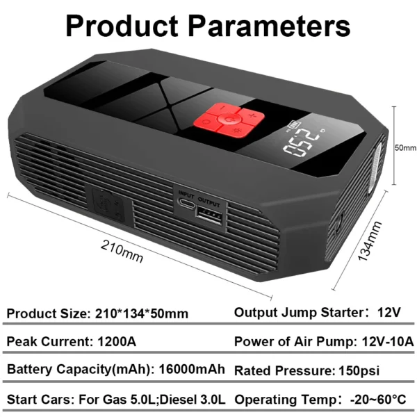 GKFLY 4 in 1 Car Jump Starter Power Bank Portable Air Compressor Inflator Pump Power Station 1200A Battery Starter Auto Booster - Image 5