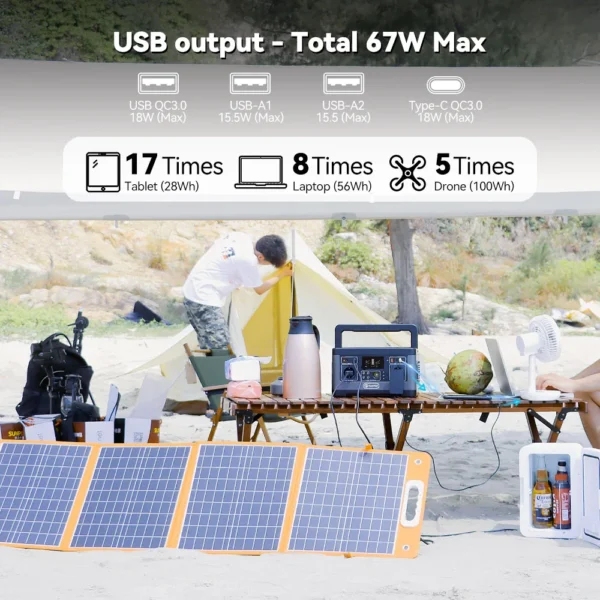 Flashfish P63 Portable Power Station 520Wh/140400mAh Lithium Battery Solar Generator 500W AC Output 5xDC outs 4xusb Outputs - Image 2