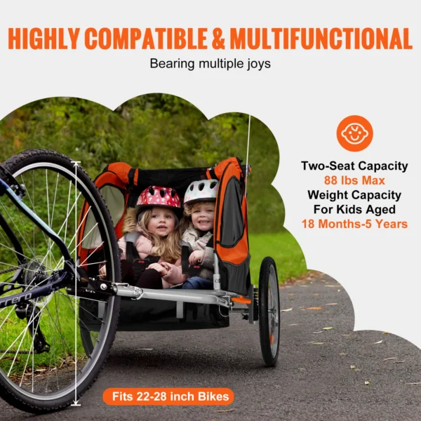 VEVOR 88/100 lbs Child Bike Trailer Double Seat Carrier Converts to Stroller Foldable Children Bicycle Trailer for Toddlers Kids - Image 4