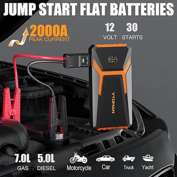 VTOMAN V6 PRO 2000A Car Jump Starter, with LED Light, Fast Charge, for Up 7.0L Gas and 5.0L Diesel Engines, Portable Battery - Image 3