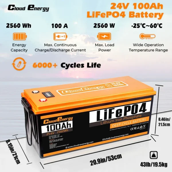 Cloudenergy CL24-100 24V 100Ah LiFePO4 Battery Pack, 2560Wh Energy, 6000+ Cycles, Built-in 100A BMS, Support in Series/Parallel – Bild 2