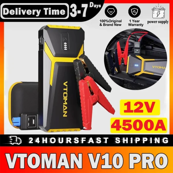 VTOMAN V10 PRO Car Jump Starter 4500A With LED Lights Power Bank Car Power Supply Type C Quick Charge For 12V Vehicles