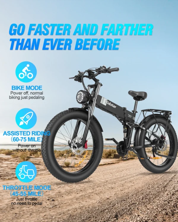 Ridstar H26 Pro 1500W 48V 20Ah 30-50km/h >60km 26" Mountain Electric Bicycle - Image 6