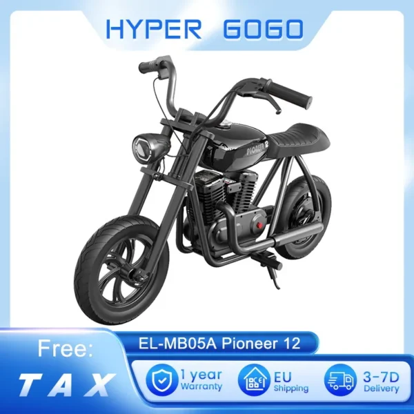 HYPER GOGO Pioneer 12 Electric Chopper Motorcycle for Kids 24V 5.2Ah 160W with 12'x3' Tires, 8/12/16 km/h Speed, 12 km Max Range
