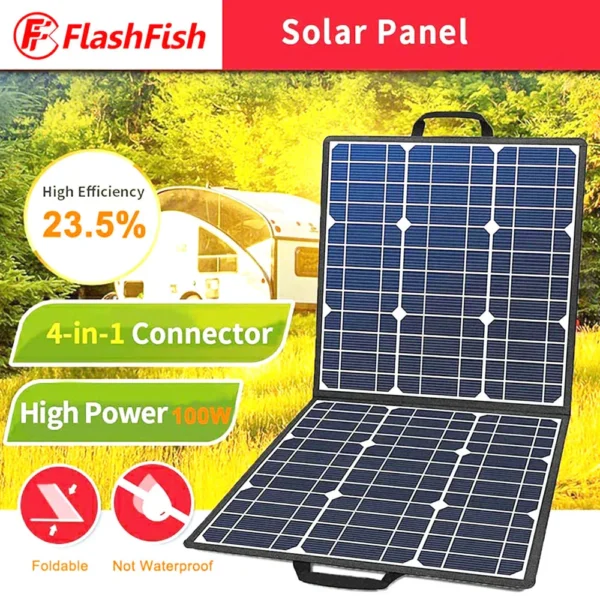 Flashfish SP18V 100W Portable Solar Panel 4-in-1 Connector Double USB outlets Portable & Foldable Compatible with Most Power Sta