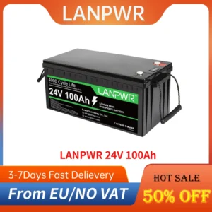 LANPWR 24V 100Ah LiFePO4 Lithium Battery Pack Backup Power, 2560Wh Energy, 4000 + Deep Cycles, Built-in 100A BMS