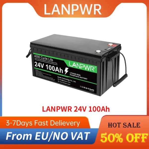 LANPWR 24V 100Ah LiFePO4 Lithium Battery Pack Backup Power, 2560Wh Energy, 4000 + Deep Cycles, Built-in 100A BMS