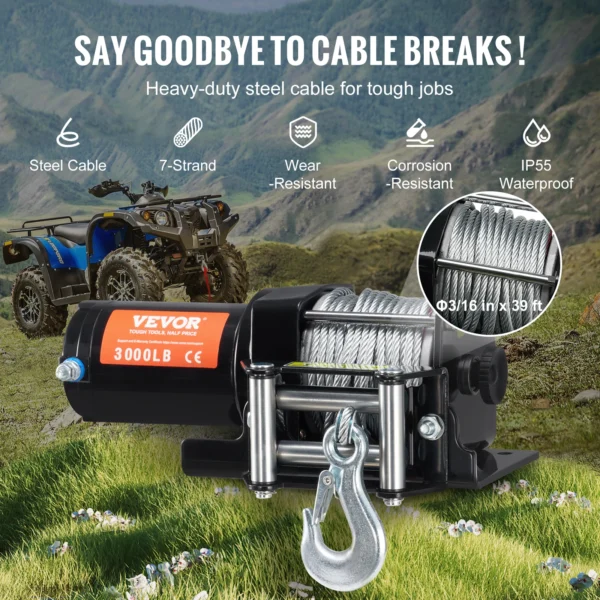 VEVOR 3000lbs ATV/UTV Electric Winch 12V DC Steel Rope Winch with 39 ft Cable Roller Wired Remote Control for Towing Off-Road - Image 4