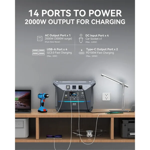 DaranEner NEO2000 Portable Power Station, 2073.6Wh LiFePO4 Solar Generator, 2000W AC Output, 1.8 Hours Full Charge, 14 Ports - Kuva 2