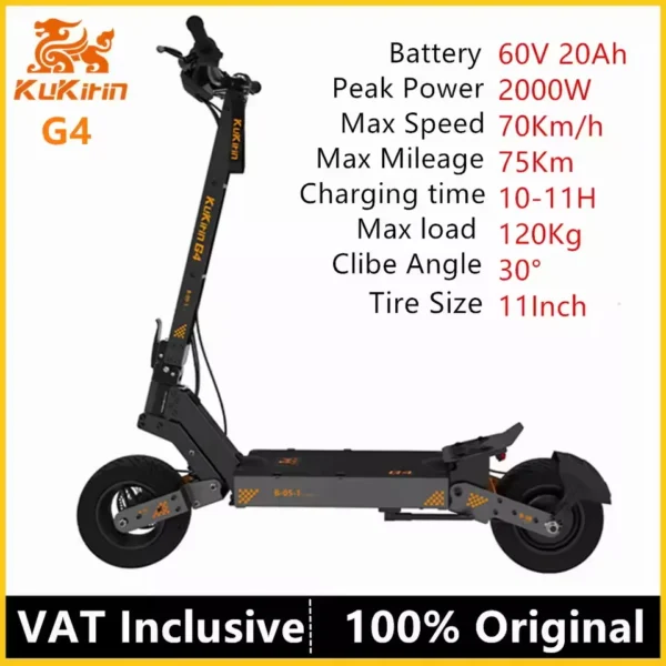 KuKirin G4 2400W 60V 20Ah 70km/h 75km 11" Off-Road Folding Scooter