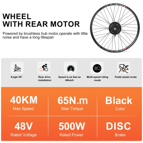 Bafang Wheel Hub Motor 48V 500W (Peak 750W) electric bicycle Conversion Kit 26 27.5 28 29 700C Rear Brake Disc Brake eBike Set - Pilt 3