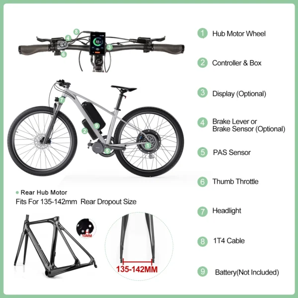 48V1000W Hub Motor kit 26" 27.5" 29" 700C Wheel Size Ebike Conversion Kit Brushless Gearless Ebike Motor Electric Bike Kit - Pilt 6