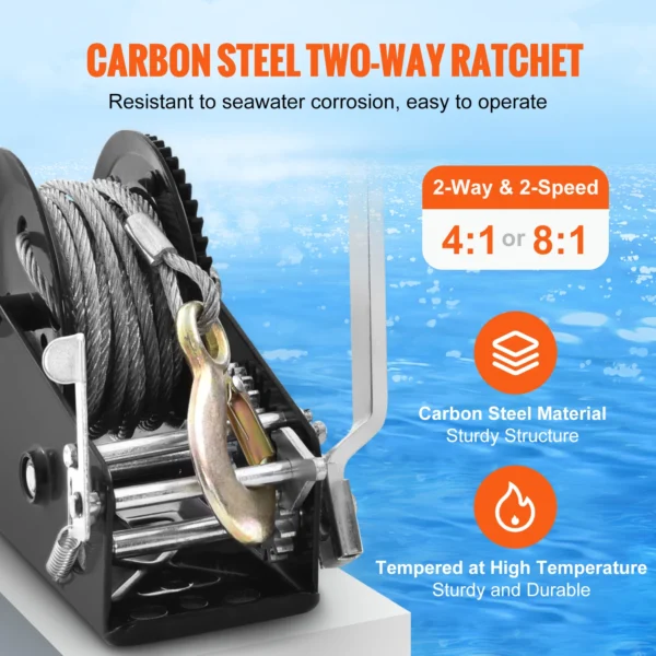 VEVOR Hand Winch Heavy Duty Rope Crank with 33 ft Steel Wire Cable and Two-Way Ratchet for Trailer Boat or ATV Towing - Image 3