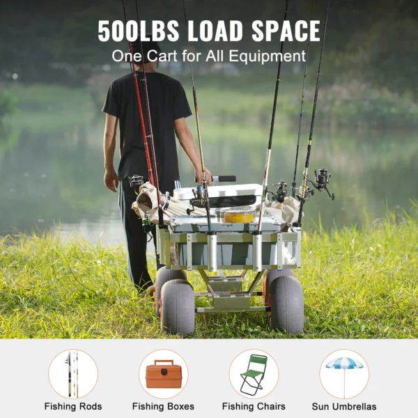 VEVOR 500lbs Beach Fishing Cart Marine Cart with Four 13" Big Wheels 6 Rod Holders Aluminum Pier Wagon Trolley for Sand Picnic - Image 4