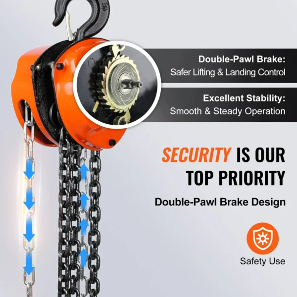 VEVOR 1/2/3T Manual Hand Chain Hoist G80 Galvanized Carbon Steel with Double-Pawl Brake Auto Chain Leading 360° Rotation Hook - Image 3