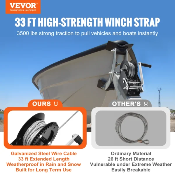 VEVOR Hand Winch Heavy Duty Rope Crank with 33 ft Steel Wire Cable and Two-Way Ratchet for Trailer Boat or ATV Towing - Image 2