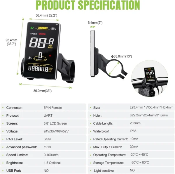 SW2M58 EBike Display: 3.8" Ebike Screen for BAFANG BBS01B/02B HD Mid Motor with 0-9 PAS Levels,UART Protocol EBike Computer - Image 2