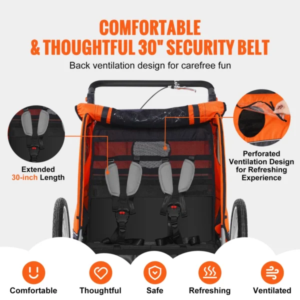 VEVOR 88/100 lbs Child Bike Trailer Double Seat Carrier Converts to Stroller Foldable Children Bicycle Trailer for Toddlers Kids - Image 6