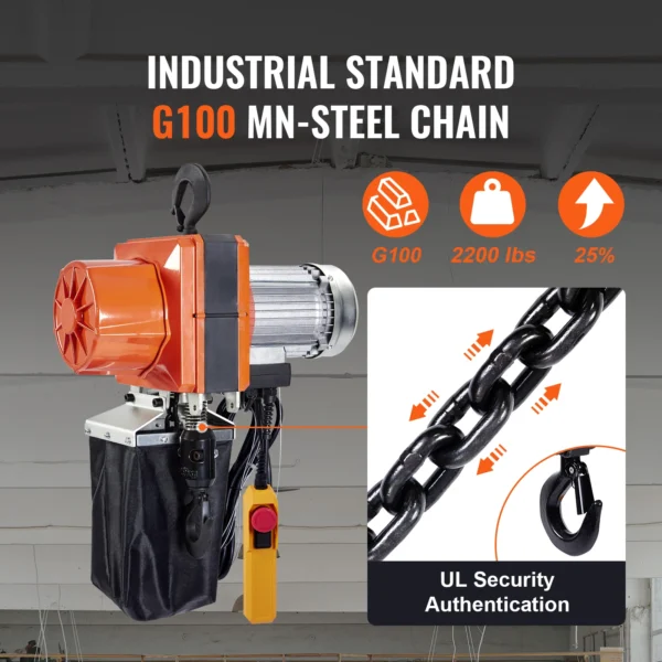 VEVOR 2200lbs Electric Chain Hoist 10.5 ft/min Single Phase Overhead Crane with G100 Chain Lifting Wired Control for Garage Shop - Image 3
