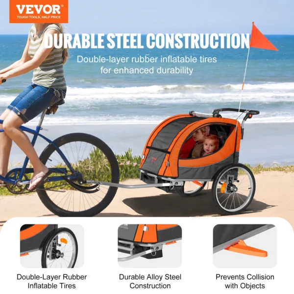 VEVOR 88/100 lbs Child Bike Trailer Double Seat Carrier Converts to Stroller Foldable Children Bicycle Trailer for Toddlers Kids - Image 2