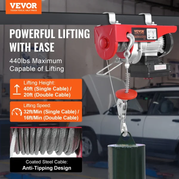 VEVOR 440lbs Wireless Electric Lifting Hoist with 40ft Single/20ft Double Slings Lifting Height Lift Hoist for Garage Warehouse - Image 2