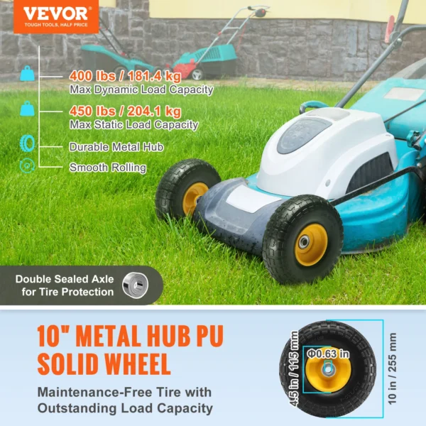 VEVOR 2-Pack Solid PU Run-Flat Tire Wheel 10" Flat Free Tubeless Tires and Wheels for Dollies Garden Trailers Various Carts - obrazek 2