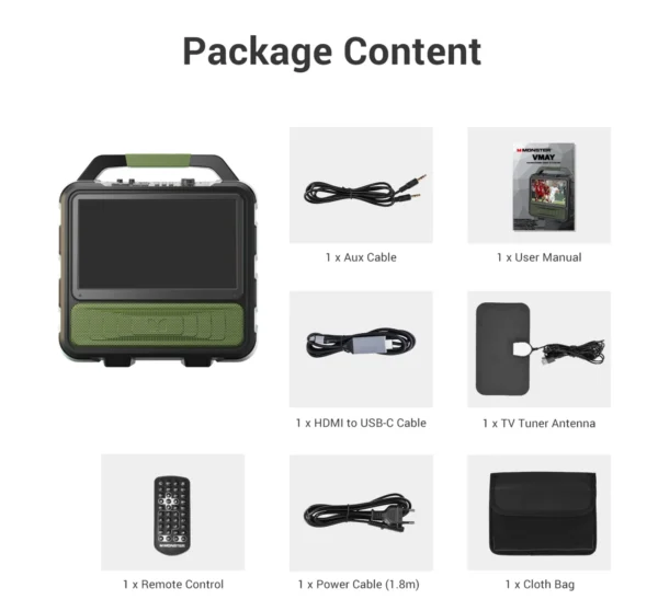 Monster VMay Portable Outdoor TV With TV Tuner Antenna 15.6 '1080P Screen 60W Audio 12V/9A Built-in recharged Battery - Pilt 5
