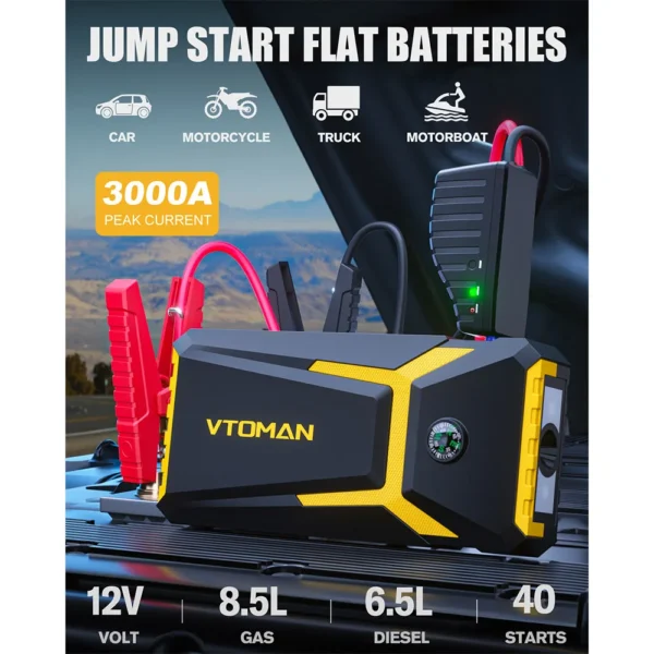 VTOMAN V8 PRO 3000A Car Jump Starter 24 Months Standby Time, LCD Screen, for Up 8.5L Gas and 6.5L Diesel Engines, 15W Input Port - Image 3