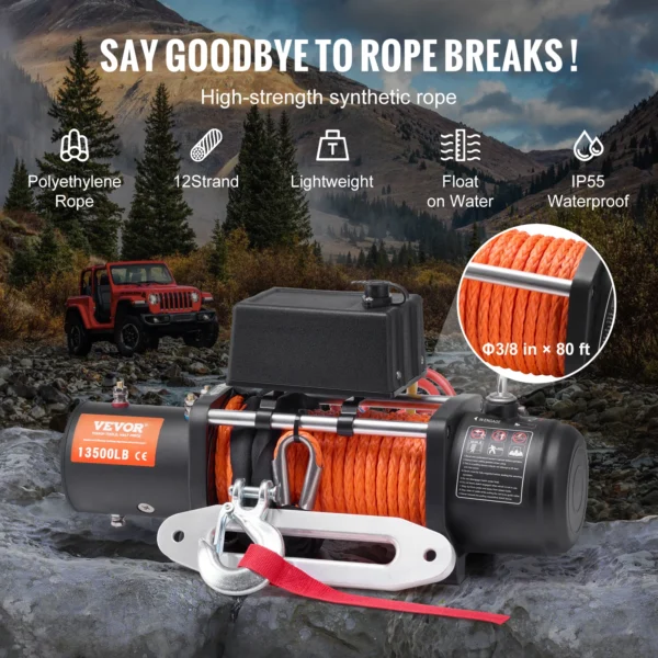 VEVOR 13500lbs Electric Winch Car Truck Winch with 80ft Synthetic Rope Wireless & Wired Remote Control for Towing Off-Road SUV - Image 4