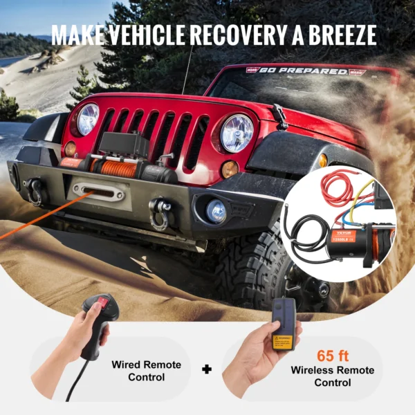 VEVOR 13500lbs Electric Winch Car Truck Winch with 80ft Synthetic Rope Wireless & Wired Remote Control for Towing Off-Road SUV - Image 5