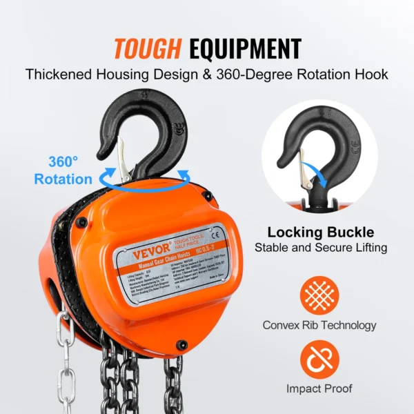 VEVOR 1/2/3T Manual Hand Chain Hoist G80 Galvanized Carbon Steel with Double-Pawl Brake Auto Chain Leading 360° Rotation Hook - Image 6