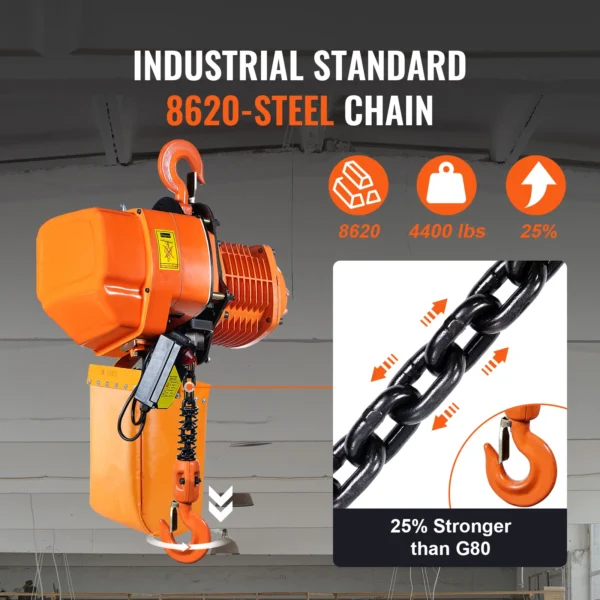VEVOR 4400lbs Electric Chain Hoist 21.6 ft/min Three Phase Overhead Crane with G100 Chain Wireless Control for Garage Litfing - Image 3