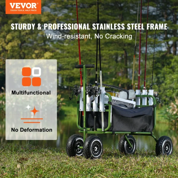 VEVOR 300lbs Beach Fishing Cart Fish Marine Foldable Cart with Four 11" Wheels 8 Rod Holders Pier Wagon Trolley for Sand Picnic - Image 2