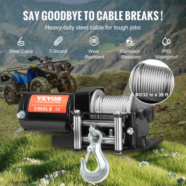 VEVOR 2000lbs Electric Car Winch ATV/UTV Steel Cable Winch with Wired Remote Control for Towing Off-Road Vehicle Jeep Truck - Image 4