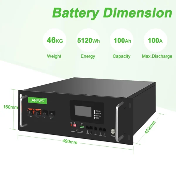 LANPWR 51.2V 100Ah Rack-Mount LiFePO4 Battery Pack Backup Power, 5120Wh Energy, Built-in 100A BMS, 100% DOD, Support in Parallel - Image 2