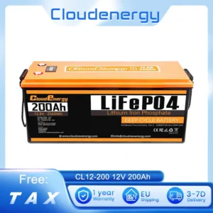 Cloudenergy 12V 200Ah LiFePO4 Battery Pack Backup Power 2560Wh Energy 6000+ Cycles Built-in 100A BMS Support in Series/Parallel